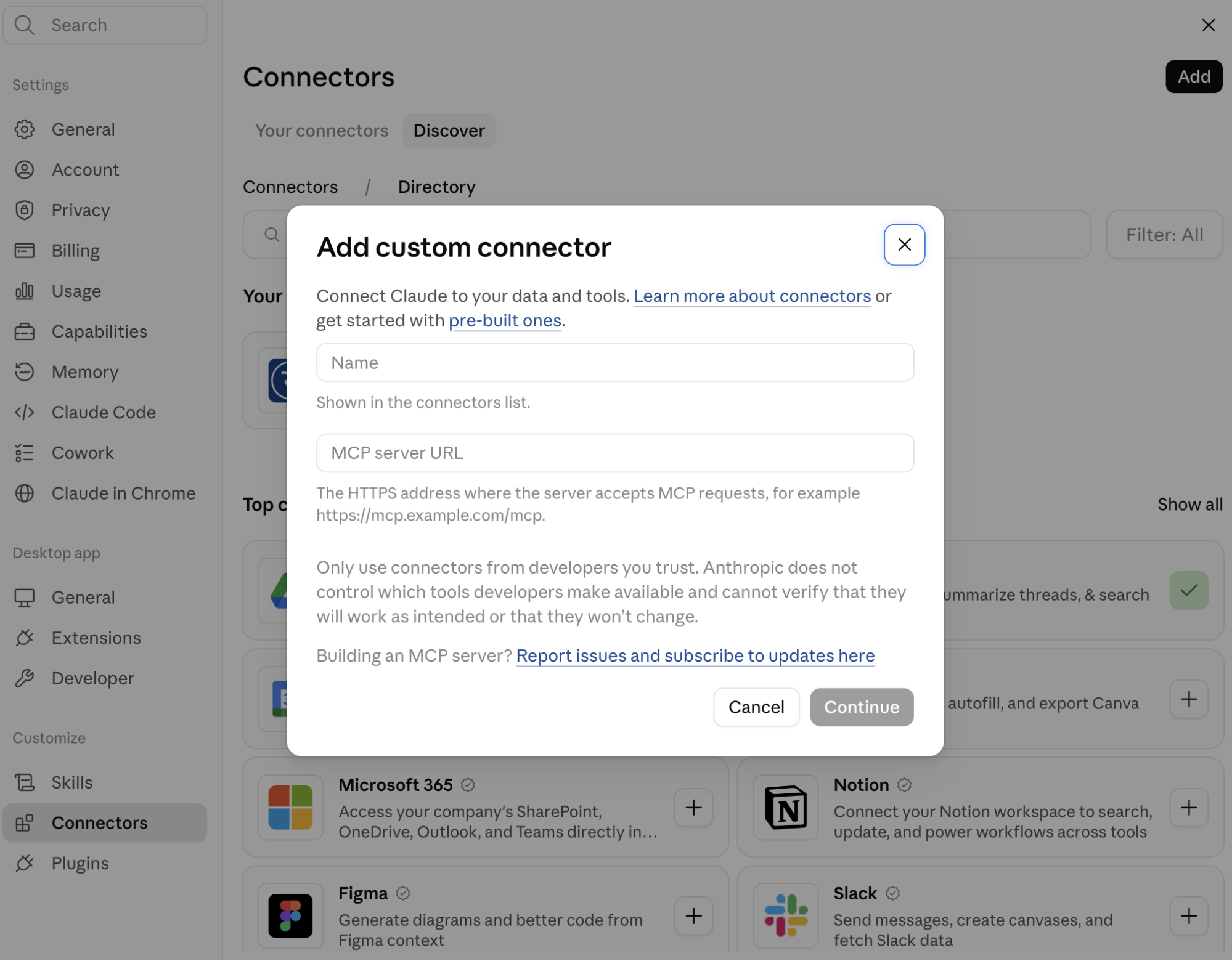 Adding a custom connector in Claude settings