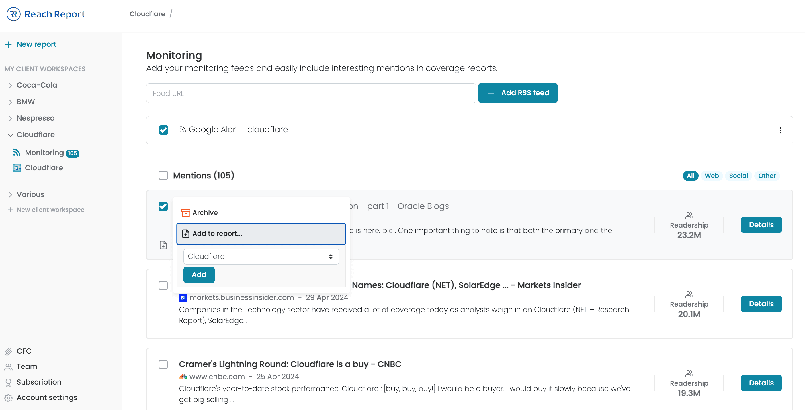 Screenshot: quickly turn your mentions into clips with ReachReport